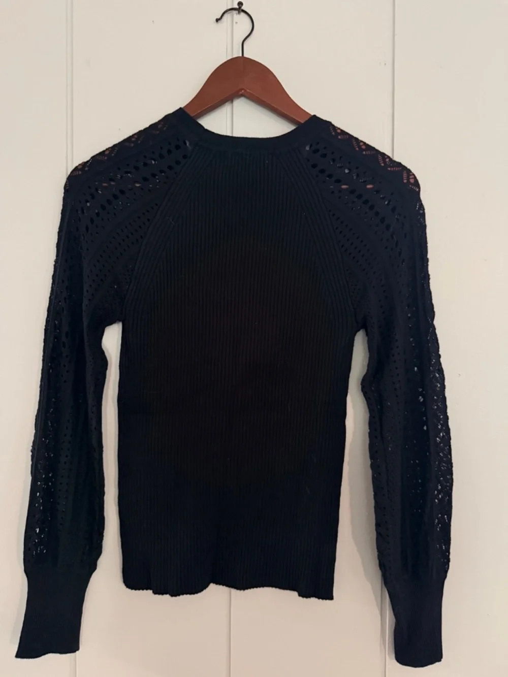 Design History S Black Ribbed Sweater Eyelet Openwork Sleeve Knit Top